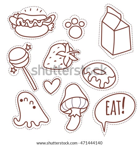 Set cartoon patch badges or food pin badges.Hand drawn vector line sketch.