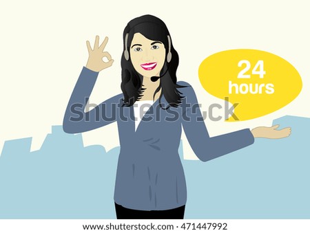 customer service representative woman serve twenty four hours illustration (Call operator on white background)