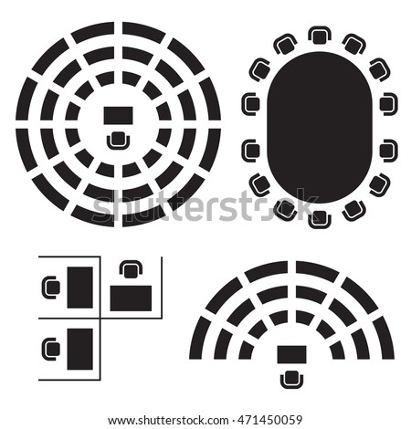 Business, education and government furniture symbols used in architecture plans icons set, top view, graphic design elements, black isolated on white background, vector illustration. Royalty-Free Stock Photo #471450059