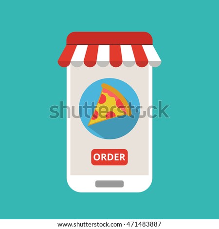 Smartphone with pizza on the screen. Order fast food concept. Flat vector illustration.

