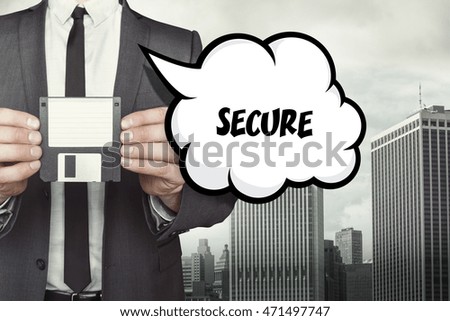 Secure text on speech bubble with businessman