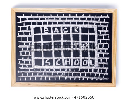 humorous concept of hate school as prison with handwriting text back to school is written in chalkboard, flat lay, close up
