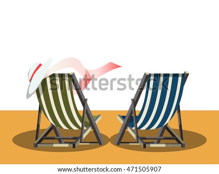 Deck chairs on the beach. Cartoon colorful raster illustration