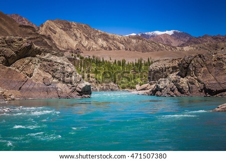View of Indus River at Alchi village in summer time, Ladakh, India.