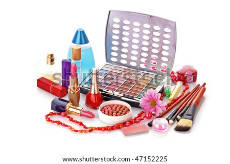 Many colourful woman cosmetics with flower   on white white background