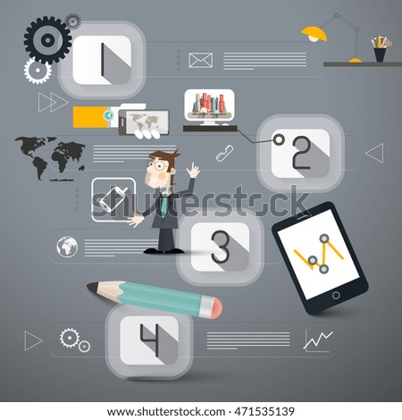 Four Steps Infographics Layout with Business Man and Technology Device Icons