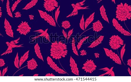 Floral seamless background pattern with flowers and birds. Colorful vector illustration hand drawn. Spring -summer season. Flying birds. Fabric swatch, wrapping paper.