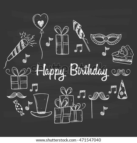 Happy birthday icons or elements with text using doodle art on chalkboard background