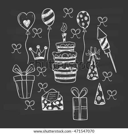 Black and white birthday party icons set using hand drawing style on chalkboard background