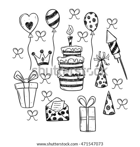 Black and white birthday party icons set using hand drawing style
