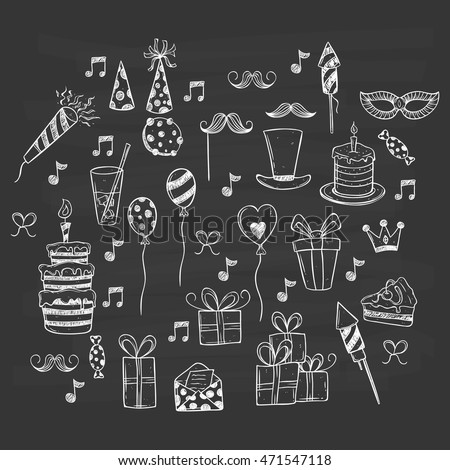 Birthday party set icons or elements using doodle or hand drawing style on chalkboard background