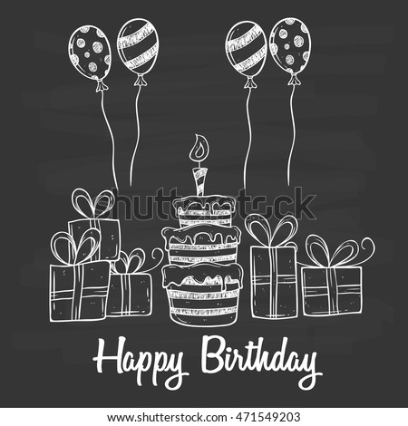 Birthday party with cake balloon and gift using doodle art on chalkboard background