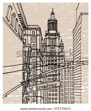 Scene street illustration. Hand drawn ink line sketch New York city,  with  buildings, signs, cityscape  in outline style perspective view. Postcards design.