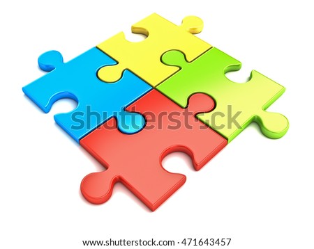 Colorful jigsaw puzzle pieces concept isolated on white background with shadow. 3D rendering.