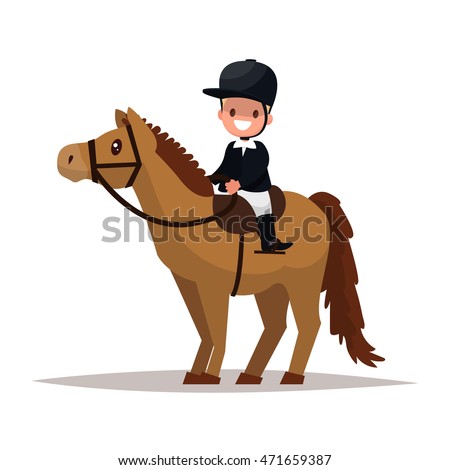 Cheerful boy jockey riding a horse. Vector illustration of a flat design