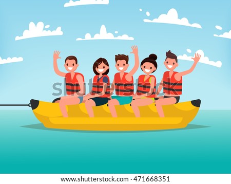 Summer water fun. Men and women ride on a banana boat. Vector illustration of a flat design