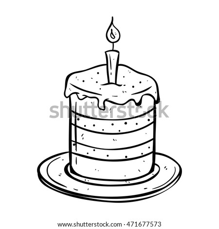Hand drawing or doodle art of cake on plate with candle