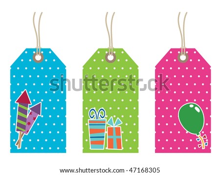 blue green and pink polka dot party tags with motifs