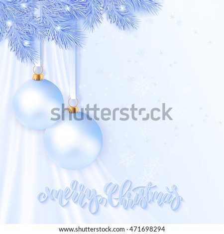 realistic vector illustration of christmas greeting card with pair of white frozen christmas balls are hanging on a branch of christmas tree with silk fabric on a background.