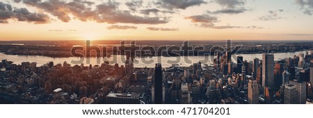 New York City west side urban cityscape panorama view at sunset.