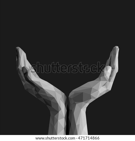 polygonal open palms cupped hands up empty on black background monochrome