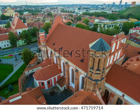 Aerial top view, flat lay: Old Town in Vilnius, Lithuania: St Anne's and Bernadine's Churches, Lithuanian: Sv. Onos ir Bernardinu baznycios. Representative summer picture