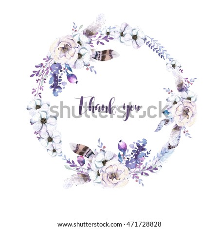 Watercolor floral boho  flower wreath. Watercolour natural frame: leaves, feather and birds. Isolated on white background. Artistic bohemian decoration illustration. Save the date. Tribal 