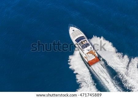 luxury motor boat, rio yachts italian shipyard, aerial view Royalty-Free Stock Photo #471745889