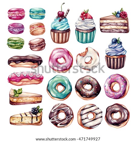 Sweets set. Big watercolor set with isolated elements. Cupcakes with fruits, macaroons, eclairs, donuts, cheese cake, cake with berries. Clip-art, watercolor illustrations.