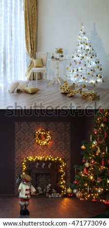 Two Christmas interiors with tree and garland