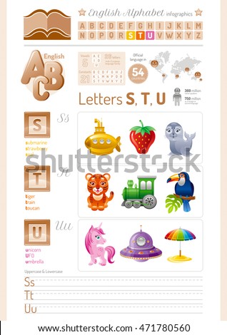 Vector illustration. English alphabet ABC icon set in elegant style. Letter S, T, U infographics with toy block, symbol - submarine, strawberry, seal, tiger, toy train, toucan, unicorn, UFO, umbrella
