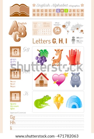 Vector illustration back to school. Alphabet ABC icon set in elegant style.  Letter G, H, I infographics with toy block, symbol - grapes, giraffe, glove, house, heart, hippo, iguana, ice cream, igloo
