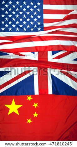 American, British & Chinese flags arranged in order that can be used to show order of countries winning the games. America first with gold, United Kingdom second with silver & China third with bronze.