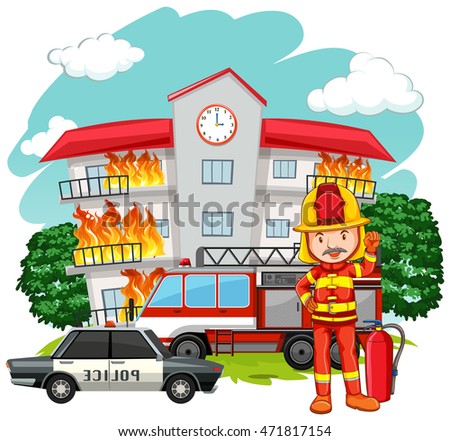Fire scene with fireman at the building illustration