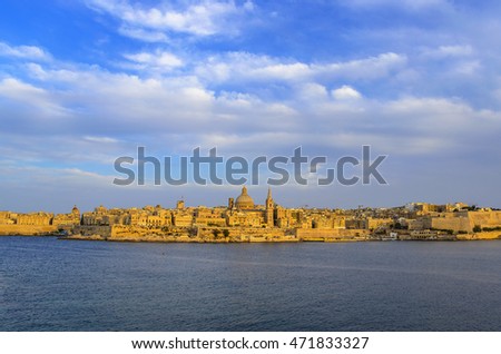 City of Valletta captured from Silema Bay, centered St.Paul's Anglican Cathedral in Valletta, Malta.
