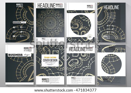 Set of business templates for brochure, flyer or booklet. Polygonal backdrop with golden connecting dots and lines, connection structure. Digital scientific background