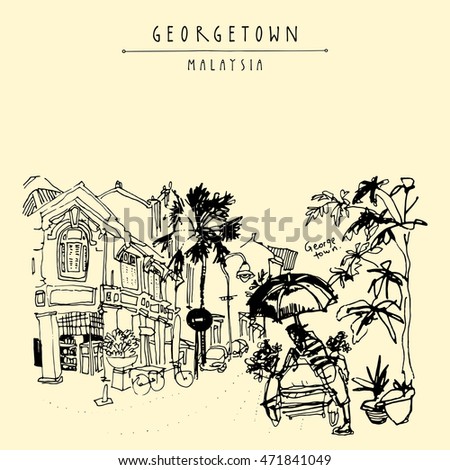 Little India district in Georgetown, Penang, Malaysia, Southeast Asia. Bicycle rickshaw with umbrella, historic buildings. Hand drawing. Travel sketch. Book illustration, postcard or poster in vector