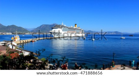 cruise liner in the port of Alanya Turkey. miniature tilt shift blur effect Royalty-Free Stock Photo #471888656