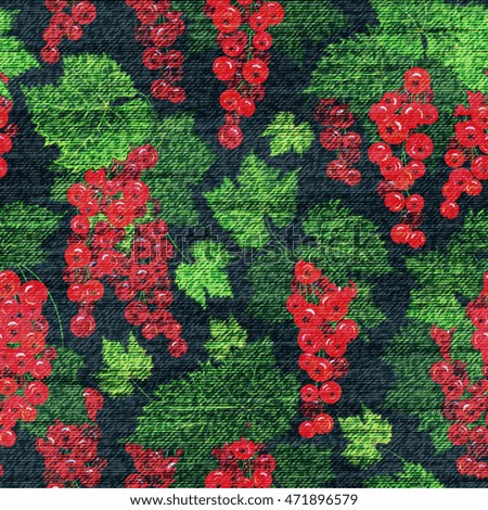 Vector Denim floral seamless pattern. Jeans background with red currant. Blue jeans cloth background with red green berries.