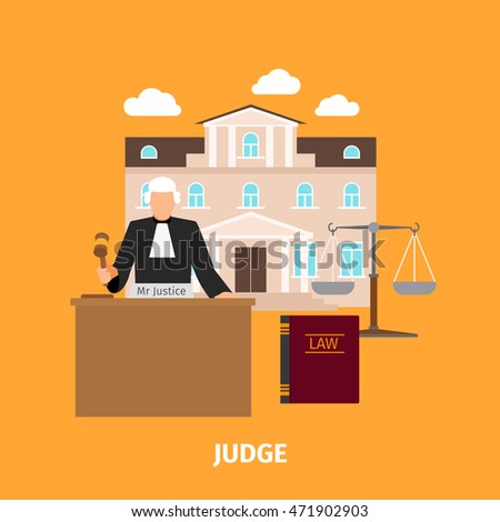 Law concept with judge and court building. Vector illustration