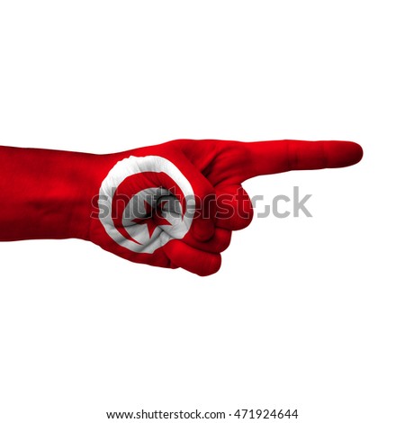 Hand pointing right side, tunisia painted with flag as symbol of right direction, forward - isolated on white background