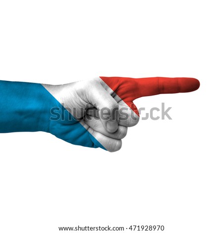 Hand pointing right side, luxembourg painted with flag as symbol of right direction, forward - isolated on white background