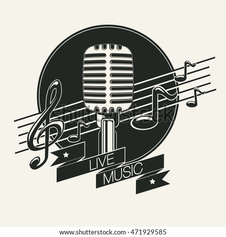Live music emblem with notes and microphone
