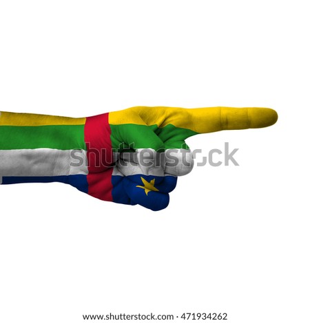 Hand pointing right side, central african republic painted with flag as symbol of right direction, forward - isolated on white background