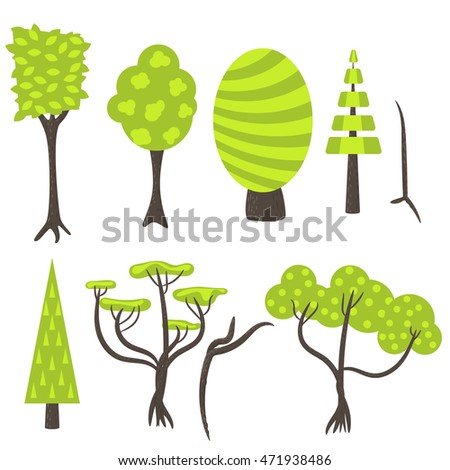 Set of vector trees clip art. Summer green forest tree in flat cartoon style on white.