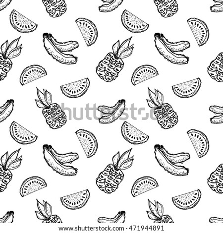 Seamless raster pattern. Hand drawn black and white fruits illustration of banana, pineapple, watermelon on the white background. Line drawing, 