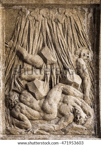 bas-relief on the arch of Biblioteca Marciana. Venice. Italy.