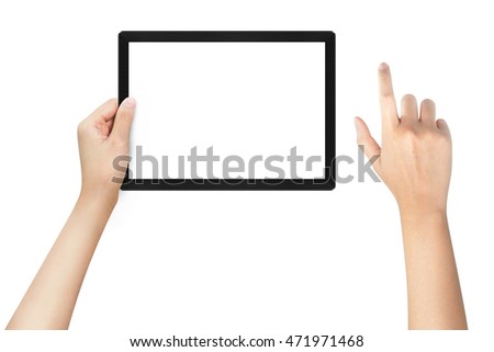 Woman hands holding electronic tablet with blank screen