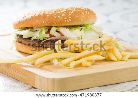 Delicious hamburger and fries