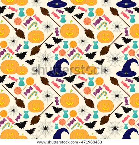Halloween colorful seamless pattern in modern flat style. Vector illustration. EPS10.